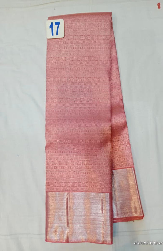 Pink Kanchipuram Silk Saree with Traditional Gold Zari Border.